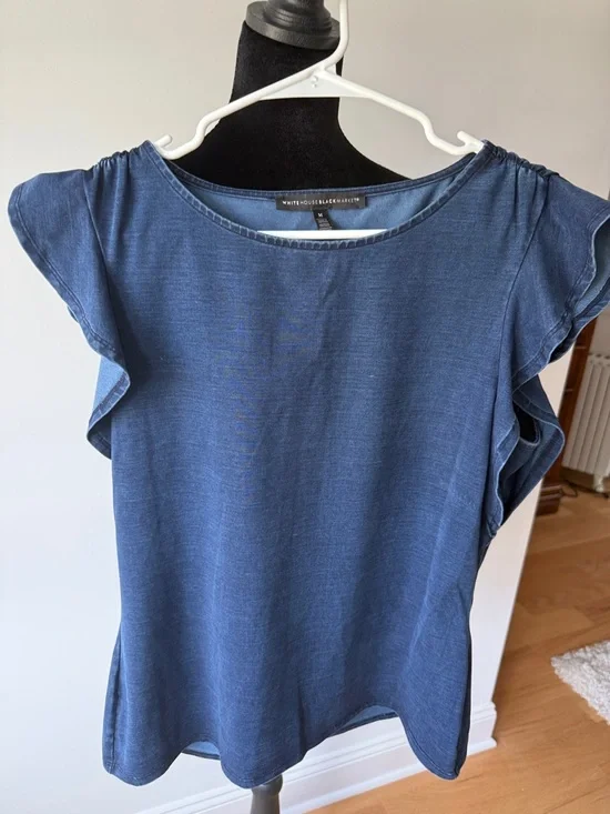 White House Black Market Indigo Blue Flutter Sleeve Top - Picture 1 of 6